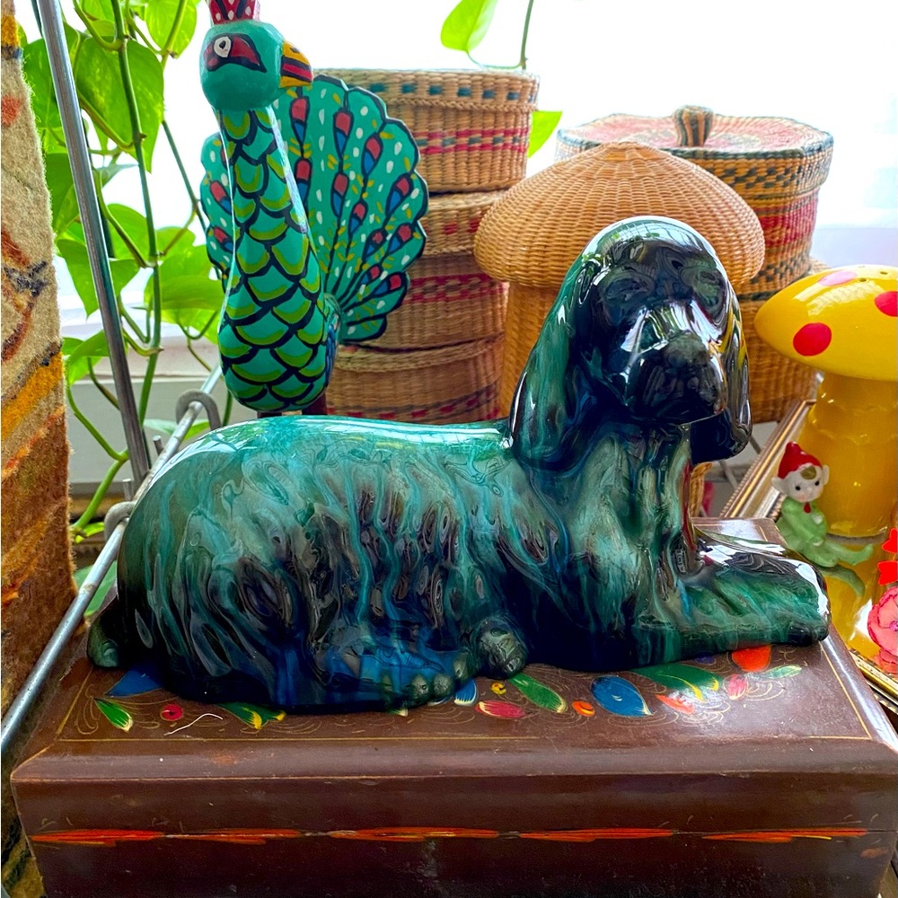 Teal Ceramic Long-Haired Dog Figurine - Decorative Home Accent